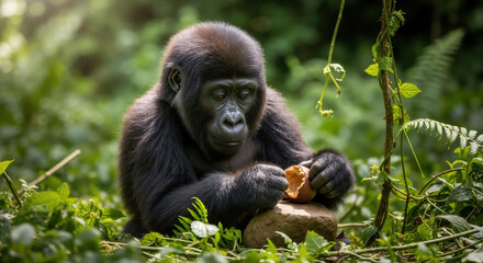 Young gorilla eating orange fruit while sitting in lush tropical rainforest vegetation. Primate mammal for wildlife conservation and endangered species themes