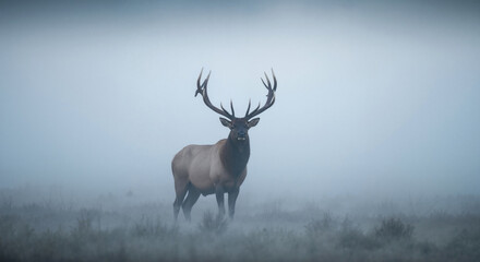 Majestic elk with large antlers standing in misty forest during autumn season. Male deer with impressive rack in natural woodland habitat for wildlife behavior education content