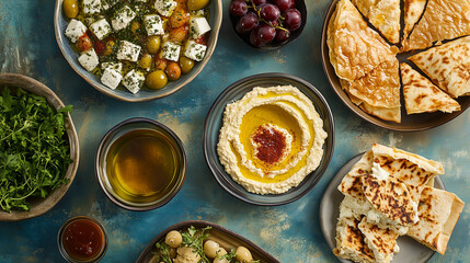 Mediterranean Culinary Art: Golden Olive Oil Drizzled on Feta Cheese Mosaic