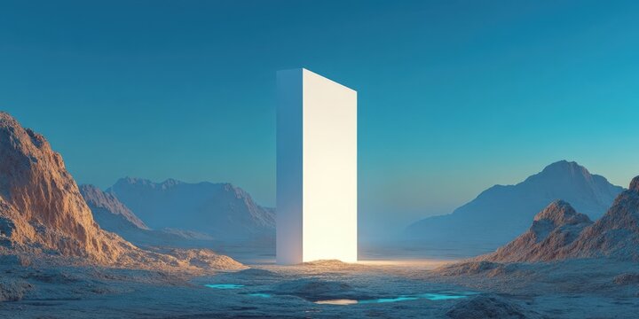 Glowing White Monolith in a Vibrant Blue Landscape
