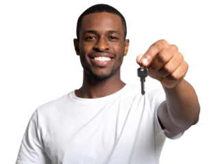 Happy young man holding keys on transparent background_