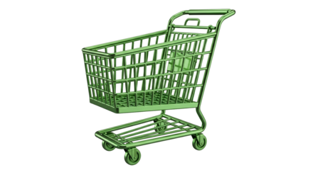 Isolated shiny green shopping cart object, market basket or trolley, store merchandise