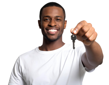 Happy young man holding keys on transparent background_ - Powered by Adobe