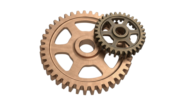 Isolated metal gears meshing together, mechanical teamwork engineering cog concept