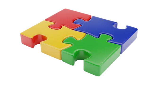 Isolated colorful puzzle pieces connected in pattern, metaphor for autism or creative solution