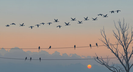 Migration season line-art. Flocks of geese flying in a V-shape, silhouettes of swallows on wires, and bare branches. Serene and minimalist style in shades of sky grey, slate blue, and a single warm su