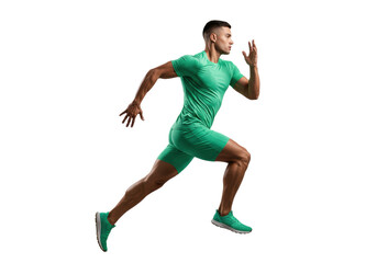 Athletic man in green sportswear running isolated PNG, full body shot of male runner in motion on transparent background