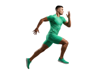 Athletic man in green sportswear running isolated PNG, full body shot of male runner in motion on transparent background
