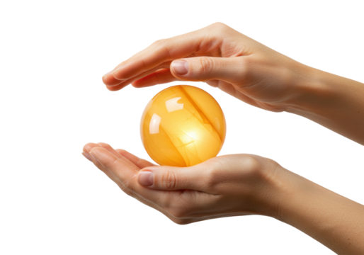 Hands holding glowing amber sphere isolated, concept for fortune telling and healing energy on transparent background
