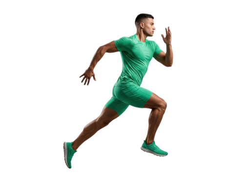 Athletic man in green sportswear running isolated PNG, full body shot of male runner in motion on transparent background