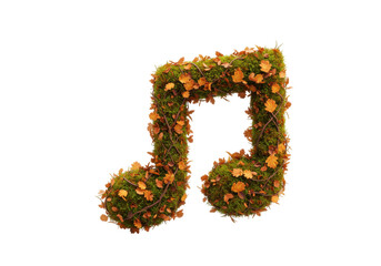 Isolated musical note symbol made of vibrant green moss and autumn leaves with intertwined branches representing nature music and forest sounds