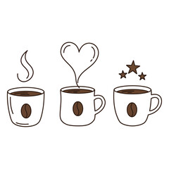 Coffee cup doodles hand-drawn vector illustration of coffee mugs with steam heart and stars isolated on white background