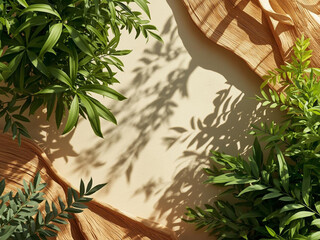 Minimalist background with green leaves casting natural shadows on a textured background, representing eco-friendly design, sustainability, and green living concepts.