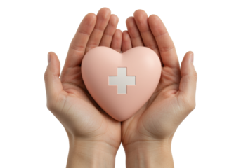 Hands holding pink heart with cross isolated PNG, healthcare and medical concept on transparent background
