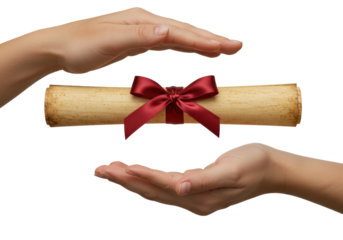 Scroll with red ribbon isolated PNG, diploma certificate between hands on transparent background