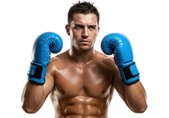 Isolated Serious sweaty fighter wearing boxing gloves with muscular body is ready to fight
