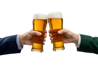 Isolated glasses of beer toasting for celebration of friendship or camaraderie success