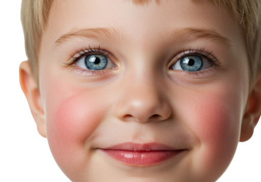 Smiling blond boy face isolated PNG, close-up portrait of a happy child with blue eyes on transparent background