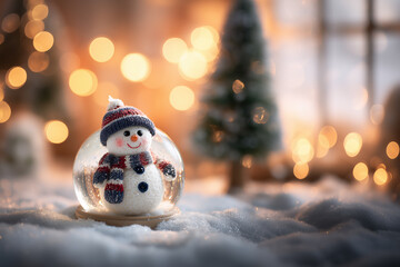 Cute snowman standing inside glass snow globe with snowy background and warm bokeh