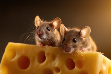 Fototapeta premium Two small mice looking intently from behind a block of emmental cheese