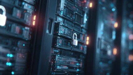 Data servers with security locks glowing in a digital environment - Powered by Adobe