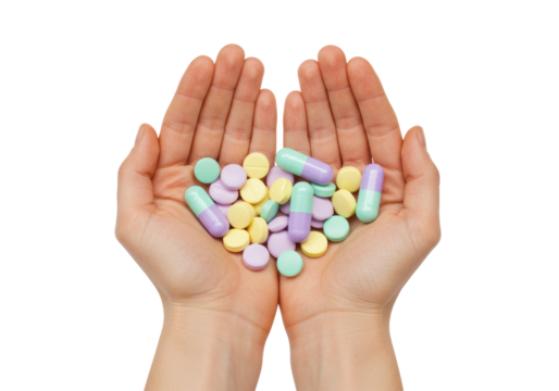 Isolated Woman's hands holding colorful pills, medicinal drug therapy for illness and disease