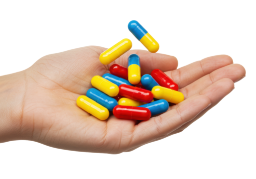 Isolated hand holding colorful red, blue, and yellow capsules of medicine in palm
