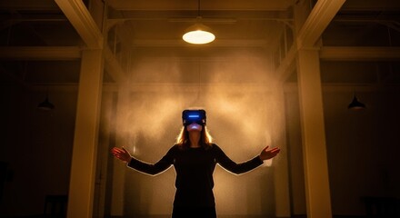 Young caucasian female experiencing virtual reality in dimly lit room