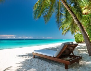 Obraz premium idyllic beach bed under palm trees turquoise ocean view