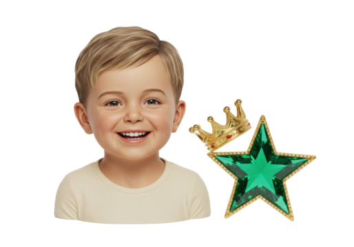 Isolated smiling boy in beige shirt with a gemstone star and a golden jeweled crown