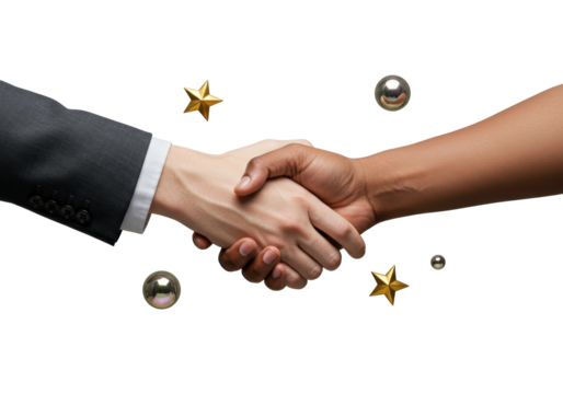 Isolated hands of two people doing a handshake with stars and chrome spheres floating around