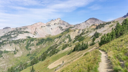 Fototapeta premium A scenic mountain trail winding through grassy slopes with distant mountain peaks and a blue sky above