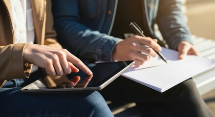 Collaboration with digital tablet and notepad outdoors