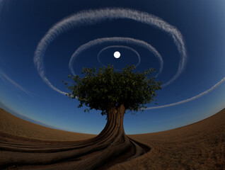 Tree with swirling contrails and moon in blue sky clouds