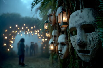 Mysterious outdoor scene with masks and lanterns at night creating an eerie atmosphere