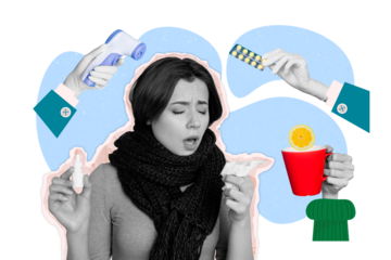 Composite photo collage of upset girl catch cold covid illness pills treatment cup tea thermometer scarf isolated on painted background