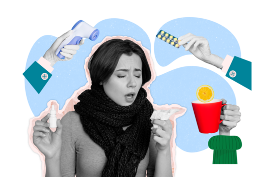Composite photo collage of upset girl catch cold covid illness pills treatment cup tea thermometer scarf isolated on painted background