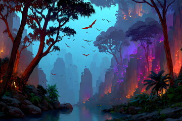 Majestic tropical landscape at dusk with vibrant colors and wildlife in a serene waterway