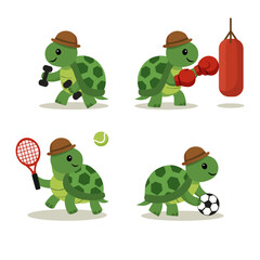 A turtle is involved in different sports. Vector illustration
