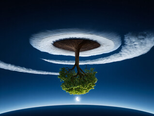 Upside down tree with roots in clouds and crescent moon