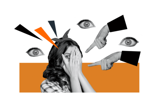 Trend artwork composite image photo collage of young lady pinup peekaboo cover face hand finger point mockery gesture down eyes watch