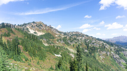 A scenic view of a mountain range covered in trees and grass under a blue sky with white clouds