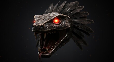 Mysterious serpent head with glowing eyes and feathered crest on dark background