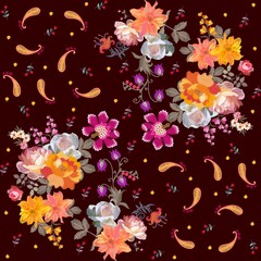 Beautiful pattern for a scarf, carpet, tablecloth, napkin, pillow with embroidered bouquets of flowers, berries and paisley on deep brown background. Print for fabric.