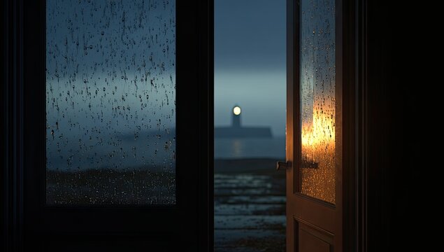 Open door reveals a misty lighthouse on a rainy evening - Powered by Adobe