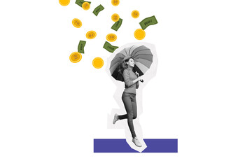 Composite trend artwork 3D sketch image photo collage of small young lady walk hand hold umbrella protect rain money coins dollar rich