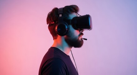 Caucasian male adult using vr headset with headphones in neon lighting