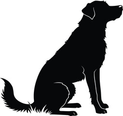 A black silhouette of a labrador retriever sitting in profile view