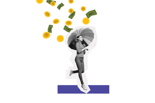 Composite trend artwork 3D sketch image photo collage of small young lady walk hand hold umbrella protect rain money coins dollar rich