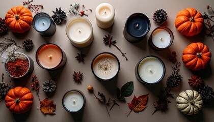 Autumn holiday flat lay with candles and pumpkins on warm toned surface, cozy seasonal composition emphasizing festive charm, artistic decorative arrangement highlighting fall celebration atmosphere.